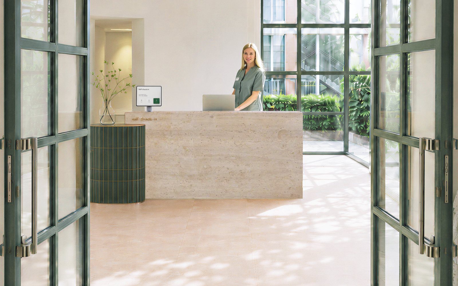 Private dermatology clinic reception — brand expressed at the threshold